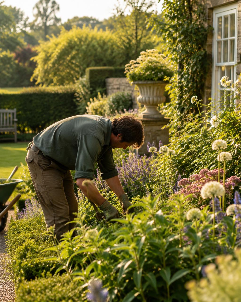 Gardener tending a planted border