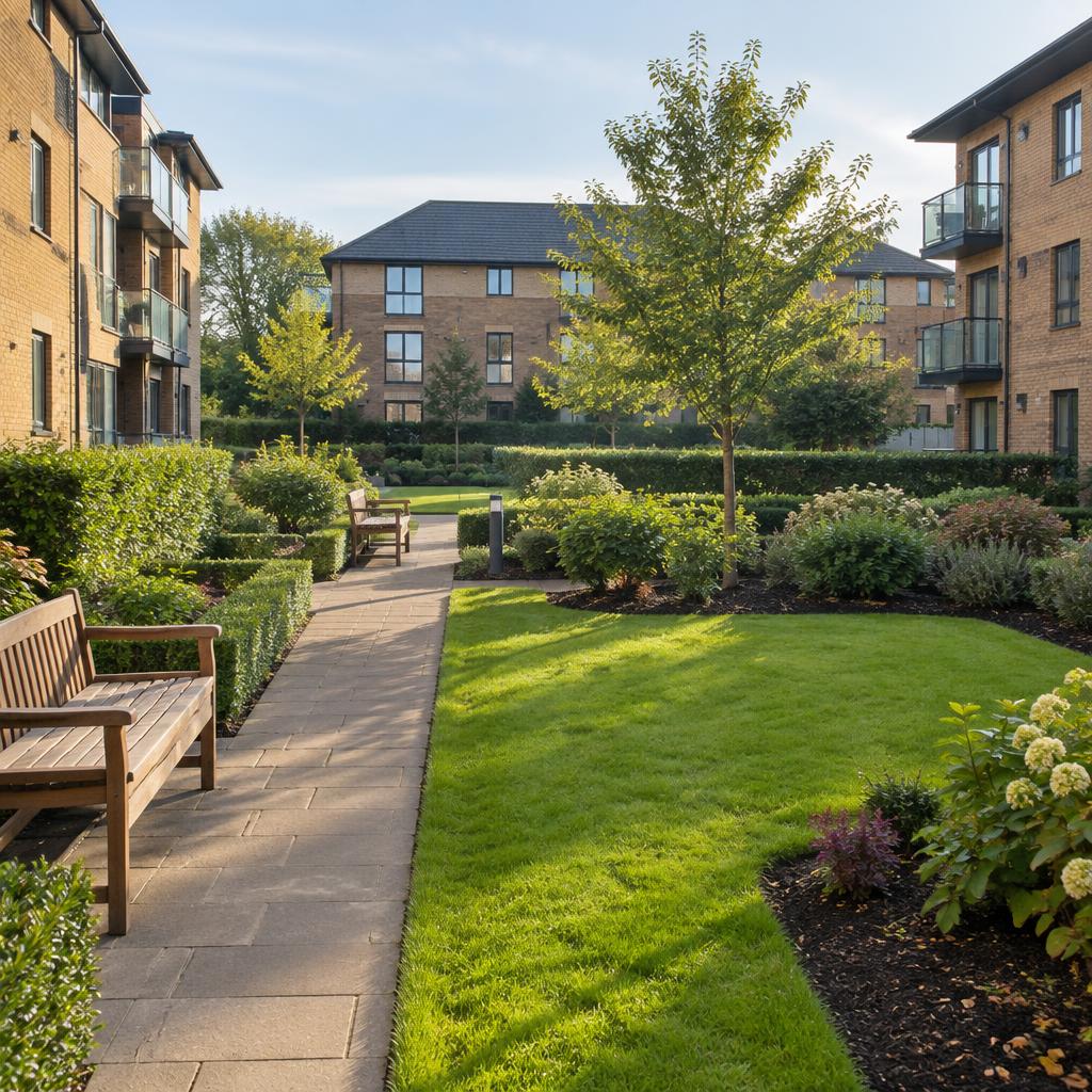 Communal courtyard garden between apartment blocks